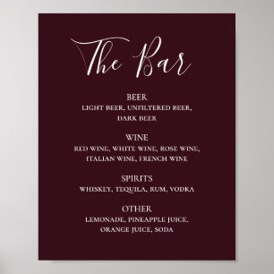 Burgundy simple script wedding drinks bar menu poster