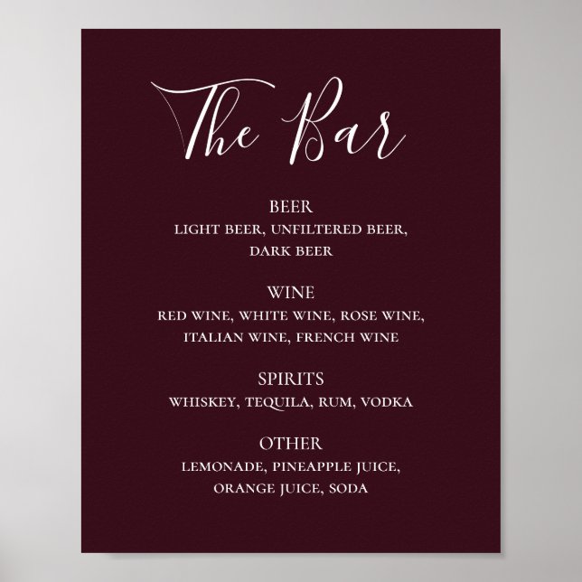 Burgundy simple script wedding drinks bar menu poster (Front)