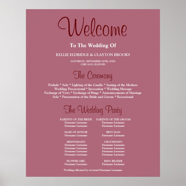 Burgundy Simple Wedding Ceremony Program Sign (Front)