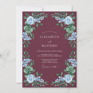 Burgundy Sky Blue Botanical Romance Wedding Invitation