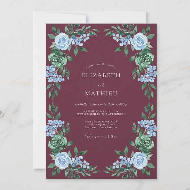 Burgundy Sky Blue Botanical Romance Wedding Invitation (Front)
