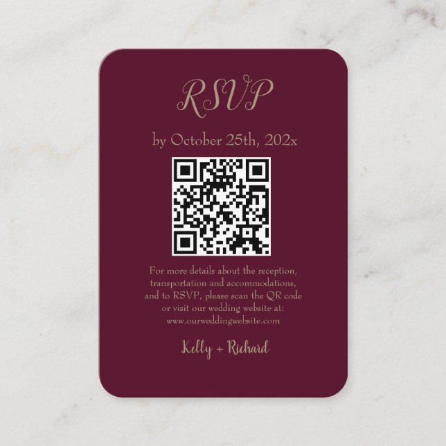 Burgundy Small Vertical Wedding RSVP QR Code Enclosure Card (Front)