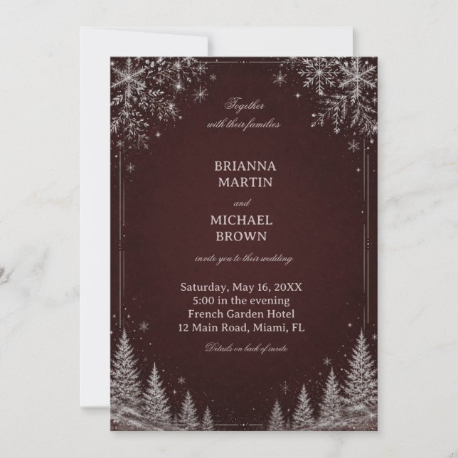 Burgundy Snowfall Evergreen Winter Night Invitation (Front)