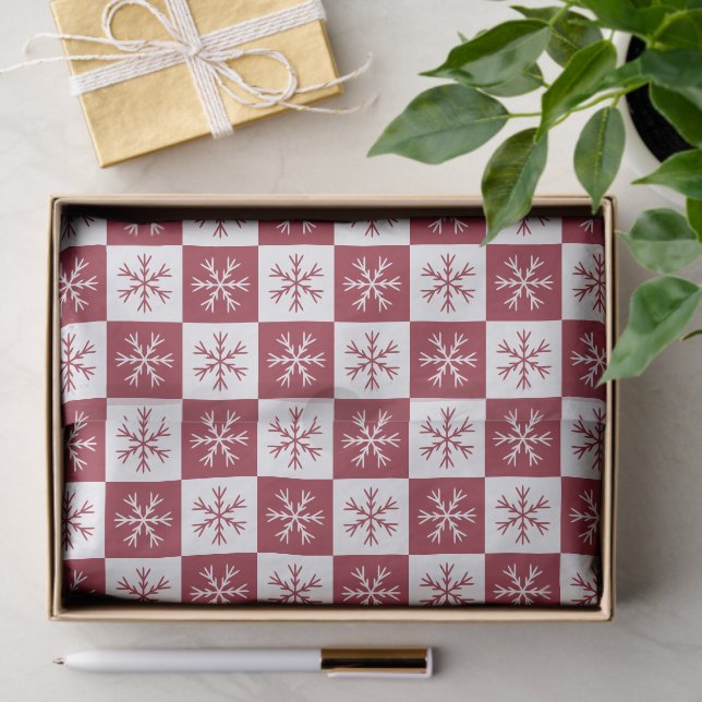 Burgundy Snowflake Chequered Pattern Christmas Tissue Paper (Gift)
