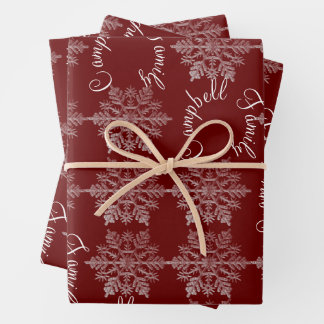 Burgundy Snowflake Christmas Family Name Wrapping Paper Sheet