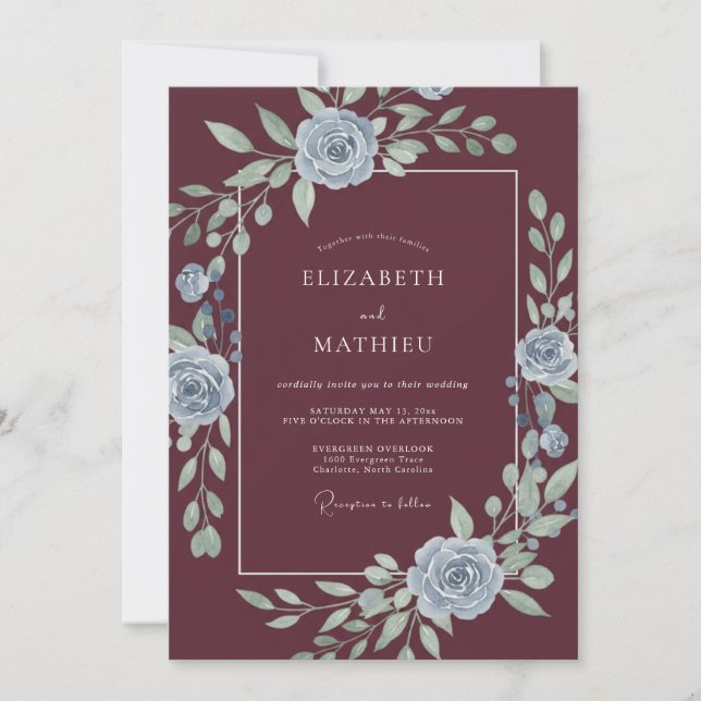 Burgundy Soft Floral Whimsical Wedding Invitation (Front)