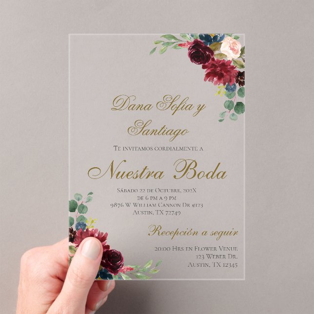 Burgundy Spanish Wedding Acrylic Invitation (Insitu (Handheld))