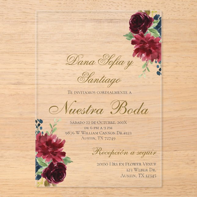 Burgundy Spanish Wedding Acrylic Invitation (Front)