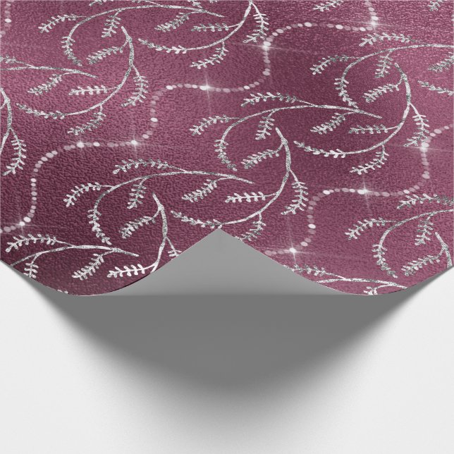 Burgundy Spark Foil Floral Silver Grey Beetroot Wrapping Paper (Corner)