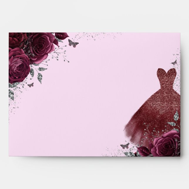Burgundy Sparkle Dress Rose Floral Blush Envelope (Front)
