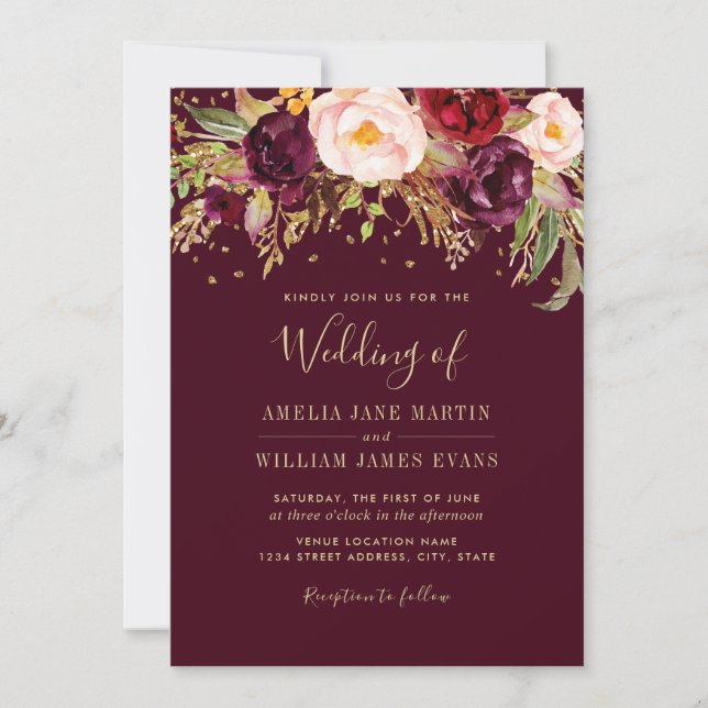 Burgundy Sparkling Marsala Wedding Invitation (Front)