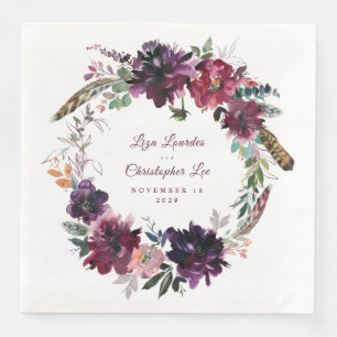 Burgundy Splendor Floral Wreath White Wedding Napkin