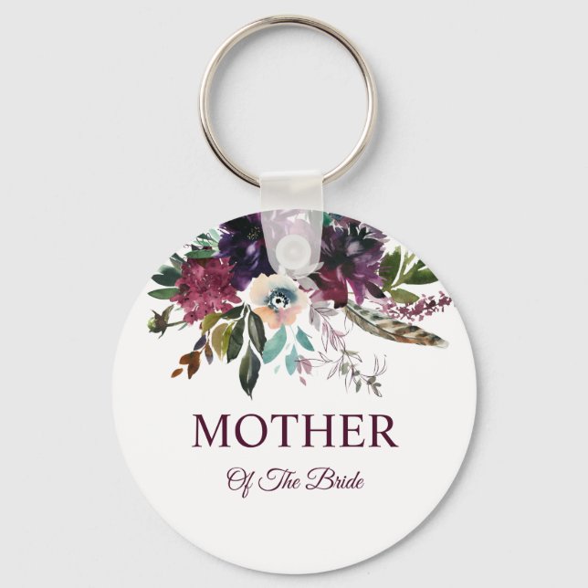 Burgundy Splendour Floral White Mother Of The Brid Key Ring (Front)