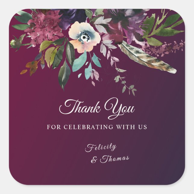 Burgundy Splendour Watercolor Floral Thank You Square Sticker (Front)