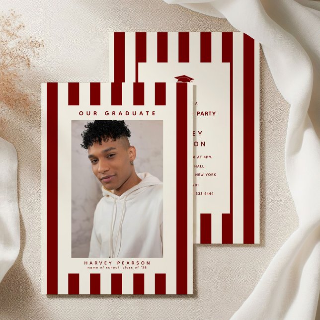 Burgundy Sporty Stripes 2 Photo Graduation Party Invitation (Creator Uploaded)