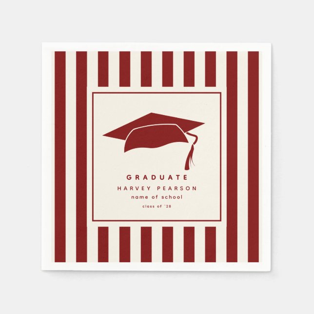 Burgundy Sporty Stripes Custom Graduation Party Napkin (Front)