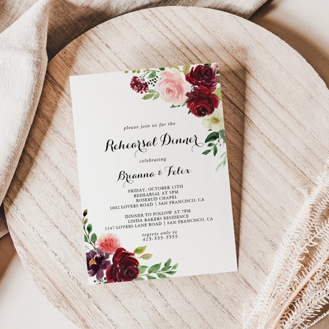 Burgundy Spring Calligraphy Rehearsal Dinner Invitation (Creator Uploaded)