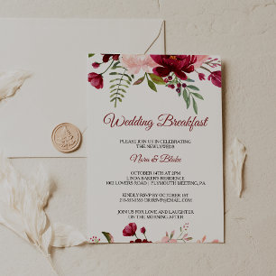 Burgundy Spring Elegant Floral Wedding Breakfast Invitation
