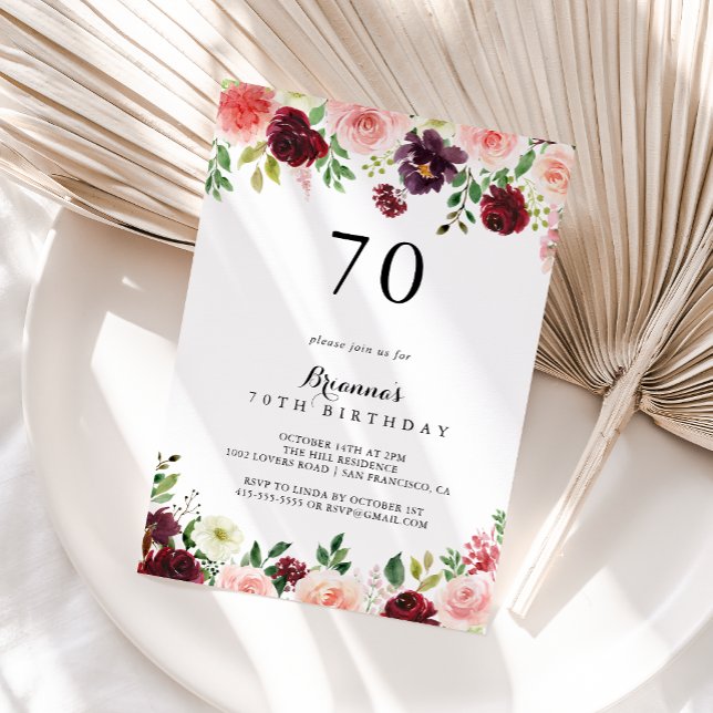 Burgundy Spring Floral 70th Birthday Party Invitation (Creator Uploaded)