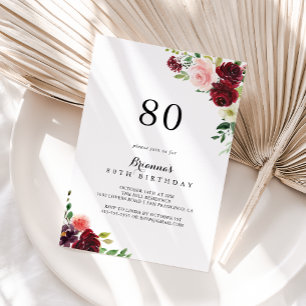 Burgundy Spring Floral 80th Birthday Party Invitation