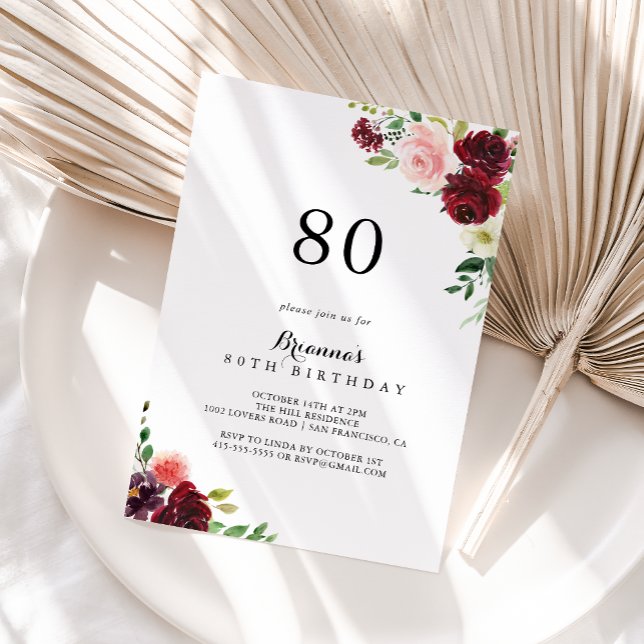 Burgundy Spring Floral 80th Birthday Party Invitation (Creator Uploaded)