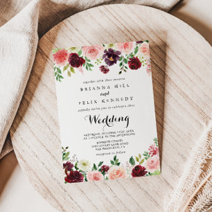 Burgundy Spring Floral Modern Calligraphy Wedding Invitation