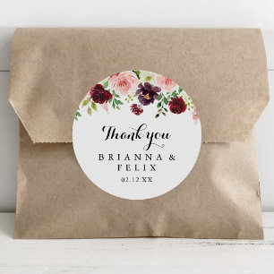 Burgundy Spring Floral Thank You Wedding Favour Classic Round Sticker