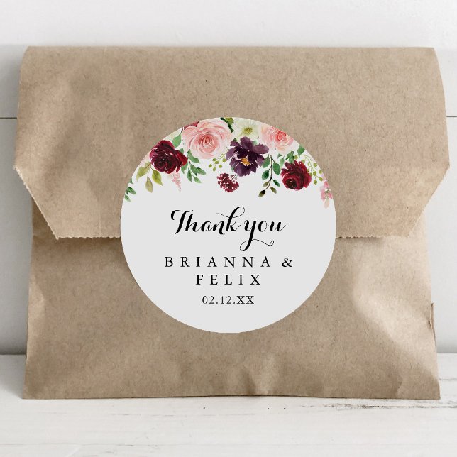Burgundy Spring Floral Thank You Wedding Favour Classic Round Sticker (Creator Uploaded)