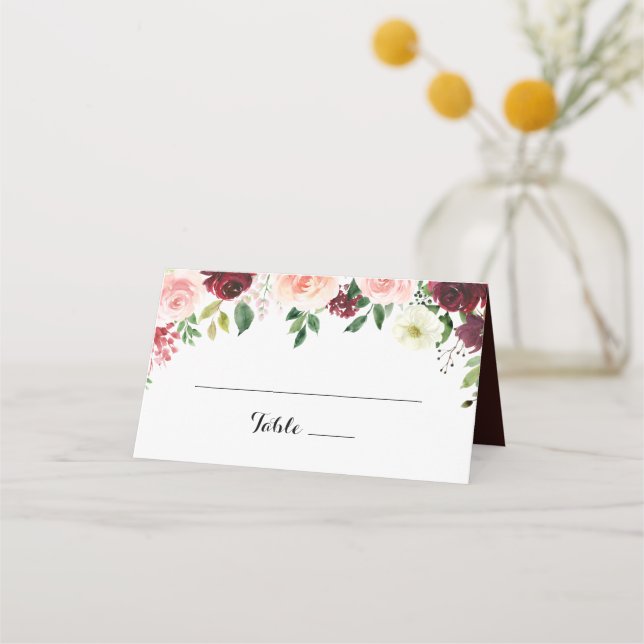 Burgundy Spring Floral Wedding Place Card (Front)