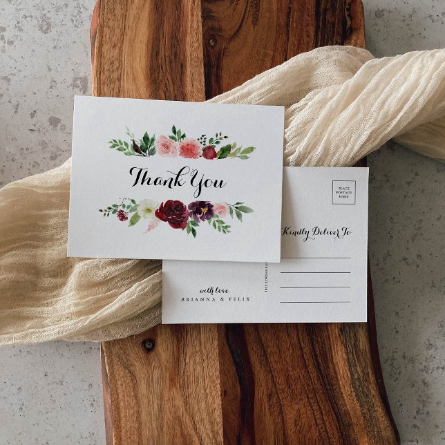 Burgundy Spring Pink Floral  Calligraphy Thank You Postcard (Creator Uploaded)