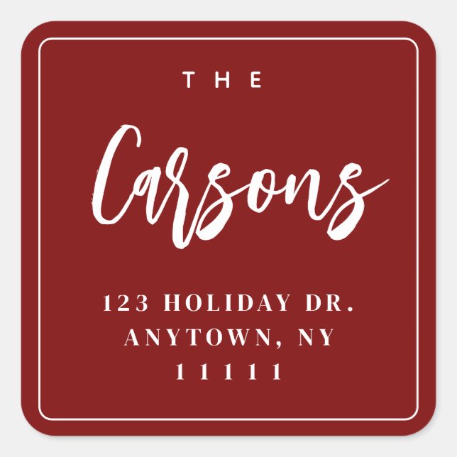 Burgundy Square Modern Script Return Address Label (Front)