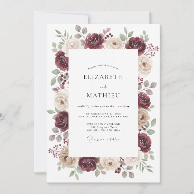 Burgundy Stately Autumn Wedding Invitation (Front)