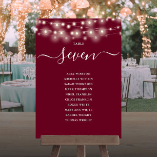 Burgundy String Light Table Number Seating Chart