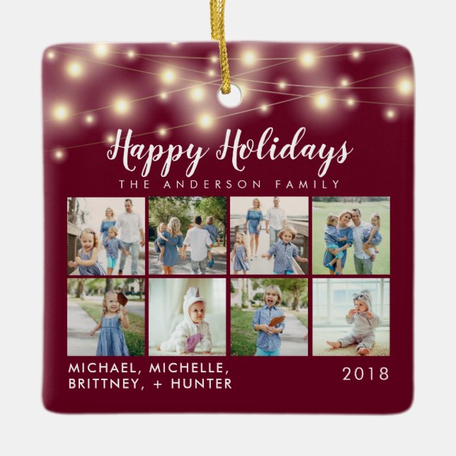 Burgundy String Lights 8 Photo Holiday Ceramic Ornament (Front)