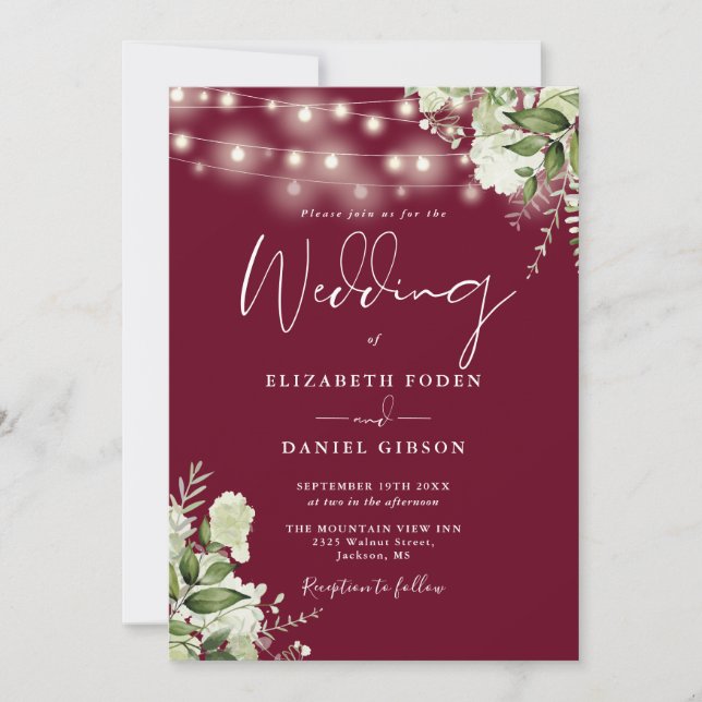 Burgundy String Lights Floral Monogram Wedding Invitation (Front)