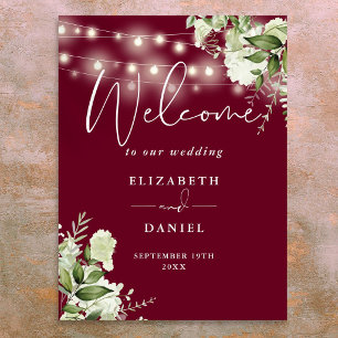 Burgundy String Lights Floral Wedding Welcome Poster