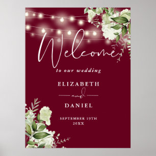 Burgundy String Lights Floral Wedding Welcome Poster