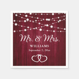 Burgundy String Lights Hearts Rustic Wood Wedding Napkin
