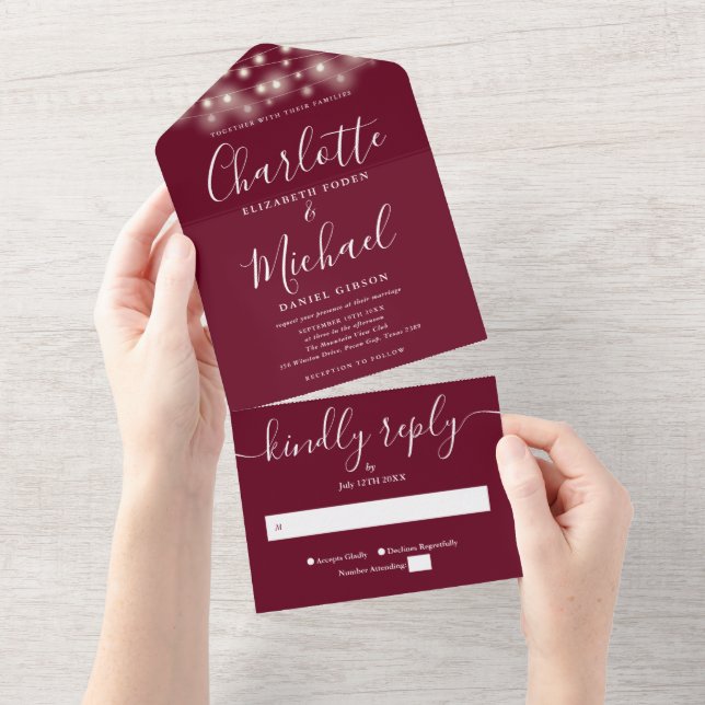 Burgundy String Lights Modern Script Wedding All In One Invitation (Tearaway)