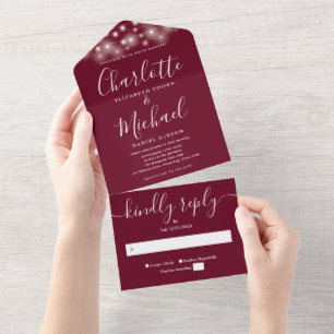 Burgundy String Lights Modern Script Wedding All In One Invitation