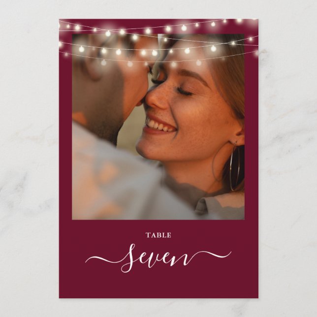 Burgundy String Lights Photo Table Number (Front)