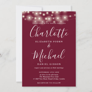Burgundy String Lights Script Photo Wedding  Invitation