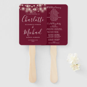 Burgundy String Lights Script Wedding Program Hand Fan