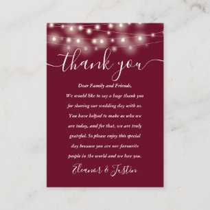 Burgundy String Lights Wedding Thank You Place  Card