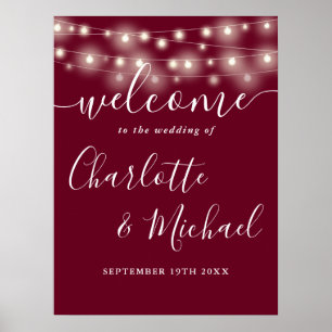 Burgundy String Lights Wedding Welcome Sign