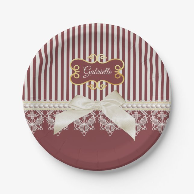 Burgundy Stripe Lace Name Paper Plate (Front)