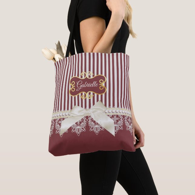 Burgundy Stripe Lace Name Tote Bag (Close Up)