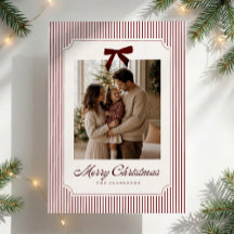 Burgundy Stripe Velvet Bow Christmas Photo Card