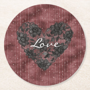 Burgundy Stripes Black Faux Lace Floral Heart Round Paper Coaster