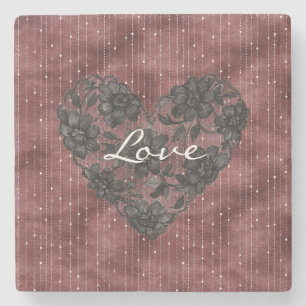Burgundy Stripes Black Faux Lace Floral Heart Stone Coaster
